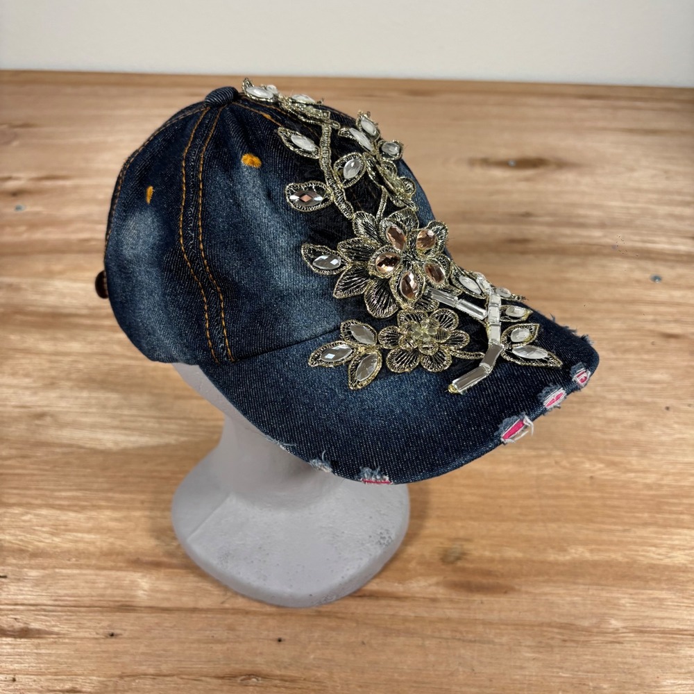 Womens Distressed Denim Baseball Cap Floral Rhinestone Applique Dark Wash Hat